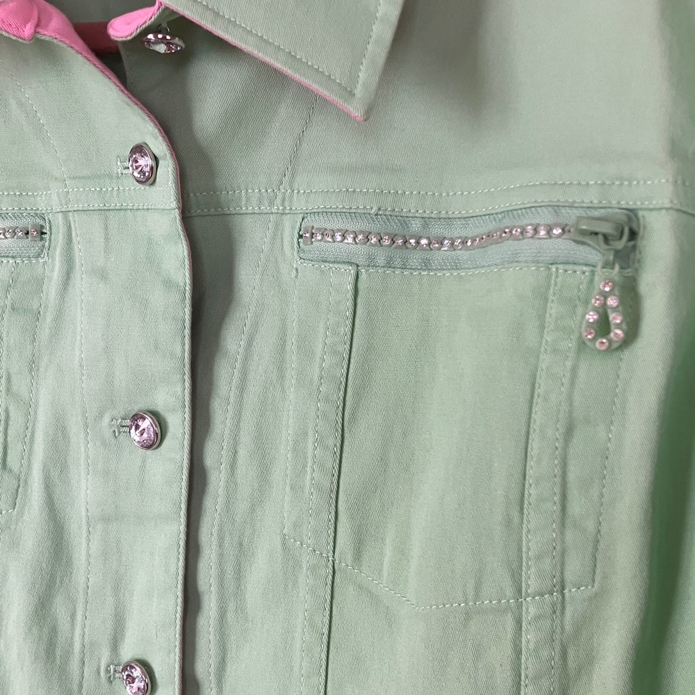 Quacker Factory Rhinestone Button Spring Green Jacket, 1X - Picture 2 of 7